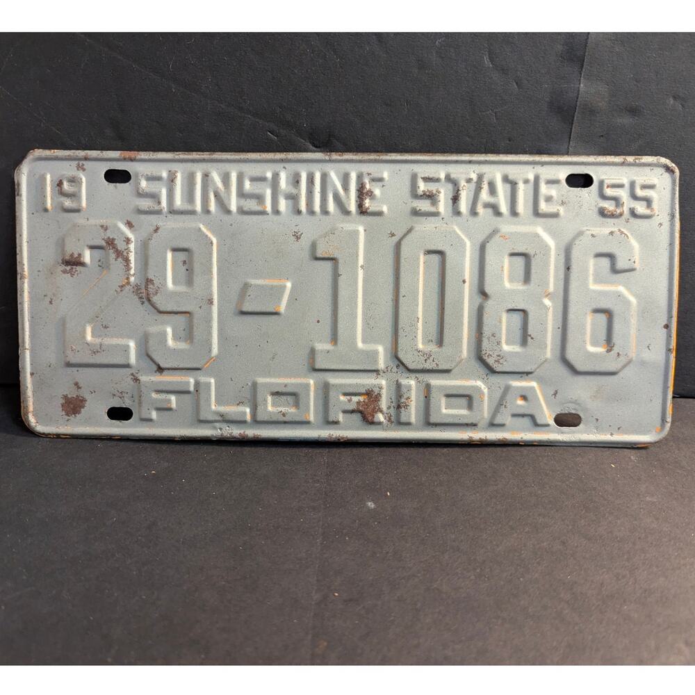 Vintage 1955 Florida License Plate Sunshine State Metal Tag White Grey Patina